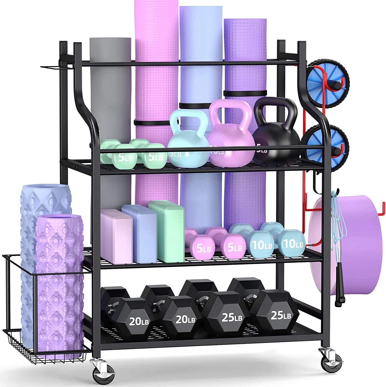 Yoga Mat and Workout Equipment Storage Rack with Hooks and Wheels for Home Gym Organization
