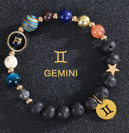 Carry the energy of the cosmos wherever you go. This Eight Planets Twelve Constellations Frosted Stone Beaded Bracelet blends.