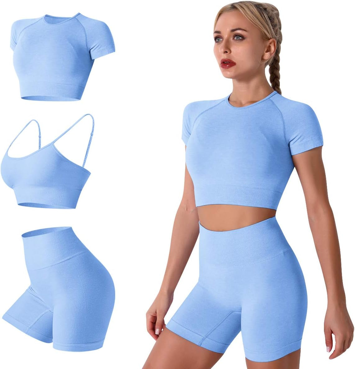 Women’s Seamless 2-Piece Workout Set – Short Sleeve Crop Top & High-Waist Shorts, Yoga, Running & Gym Activewear