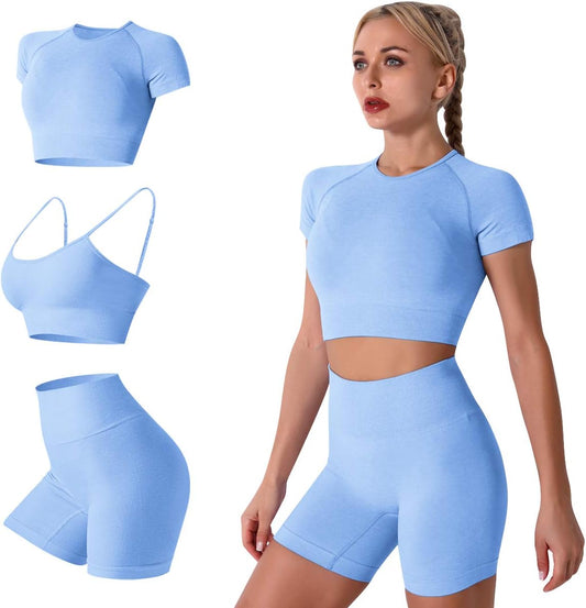 Women’s Seamless 2-Piece Workout Set – Short Sleeve Crop Top & High-Waist Shorts, Yoga, Running & Gym Activewear