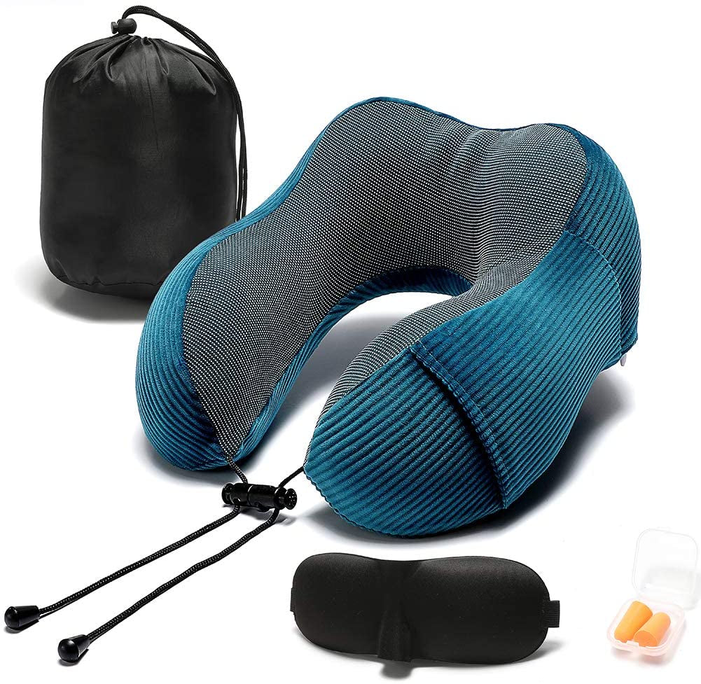 Ultimate Memory Foam Neck Pillow - 360-Degree Head Support for Travel & Home - Lightweight & Comfortable with Storage Bag - Perfect for Airplane, Car, Train, and Bus (Blue)