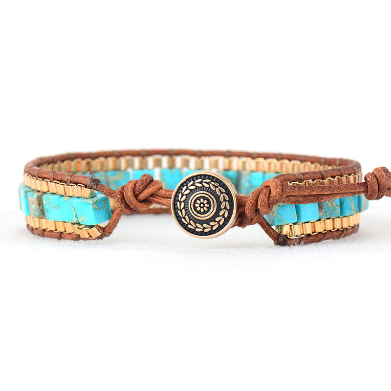 Fashion Imperial Stone Hand-Woven Leather Bracelet blends rich leather, striking imperial stone, and artisan weaving for a timeless boho statement.