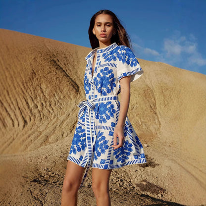 Women's Fashion Printed Lace Up Dress