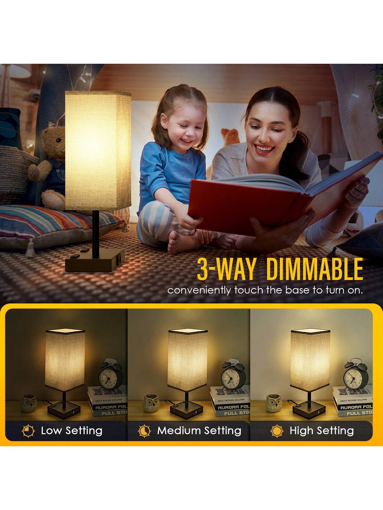 Stylish Touch Bedside Table Lamps Set of 2 - 3-Way Dimmable with USB & AC Ports, Perfect for Bedroom & Living Room (Bulb Included)