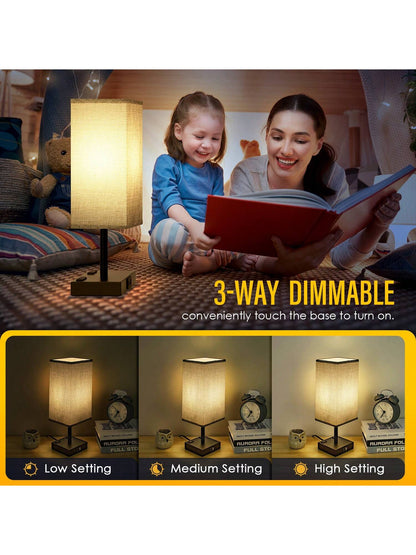 Stylish Touch Bedside Table Lamps Set of 2 - 3-Way Dimmable with USB & AC Ports, Perfect for Bedroom & Living Room (Bulb Included)