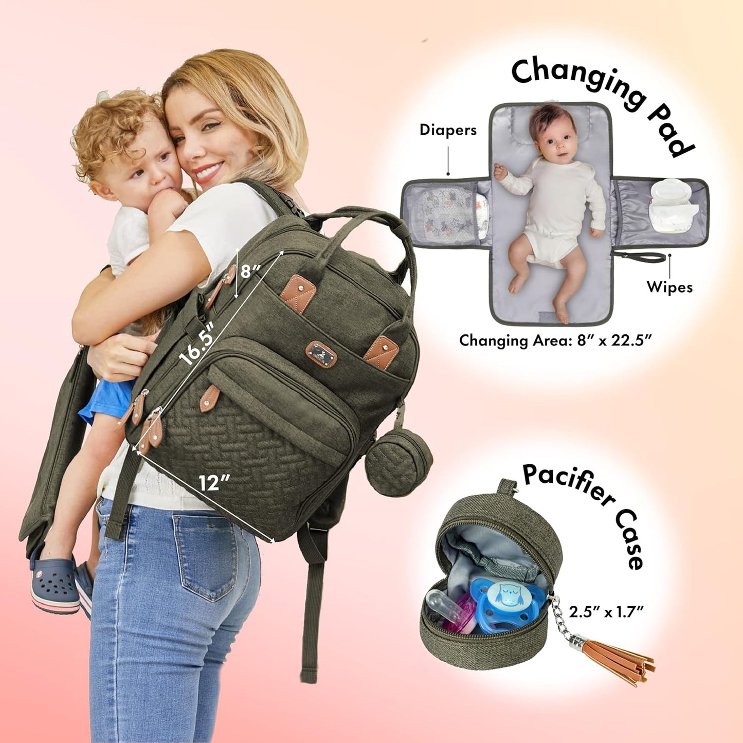 Stylish Army Green Diaper Bag Backpack with Portable Changing Pad, Pacifier Case & Stroller Straps - Perfect for Moms & Dads!