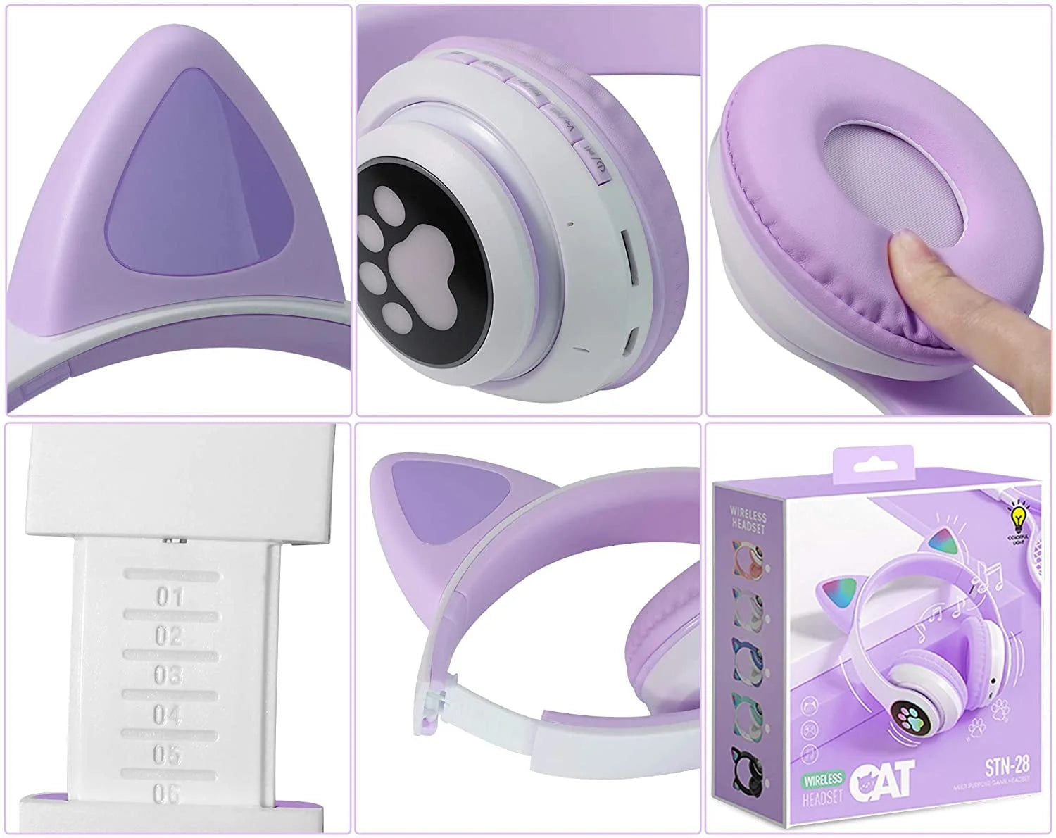 Cat Ear Wireless Bluetooth Headphones for Kids - LED Light Up, Over-Ear Design with Microphone