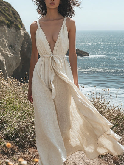 Cotton And Linen Suspender Strap Maxi Dress