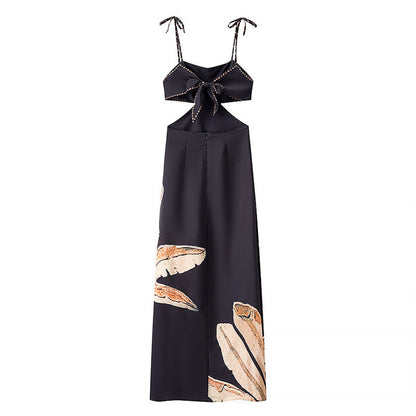 Slim-fit Black Midriff Outfit Backless Suspender Dress