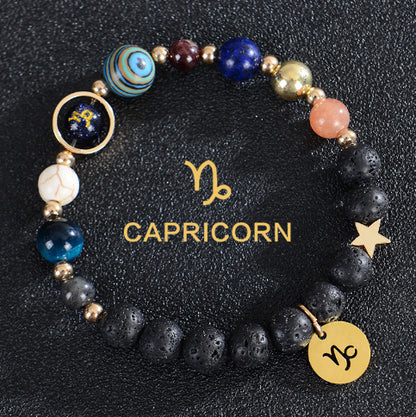 Carry the energy of the cosmos wherever you go. This Eight Planets Twelve Constellations Frosted Stone Beaded Bracelet blends.