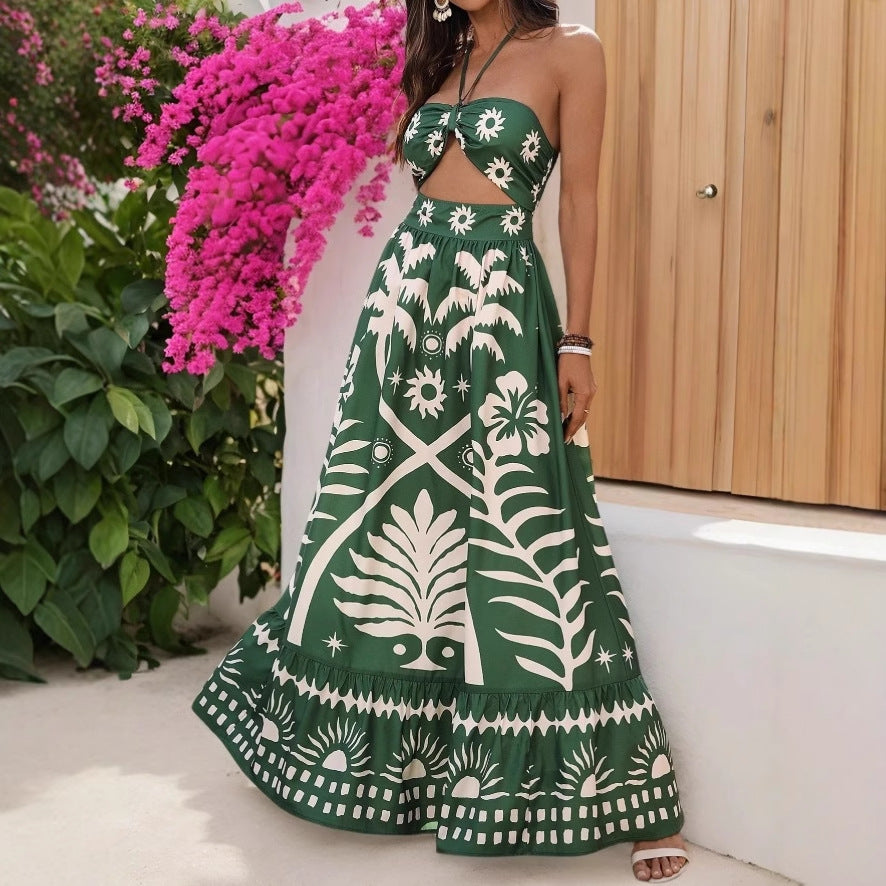 Women's Holiday Style Printed Front Cross Mid-length Dress