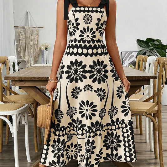 Casual Floral Print Shoulder Tie Waist Suspender Dress