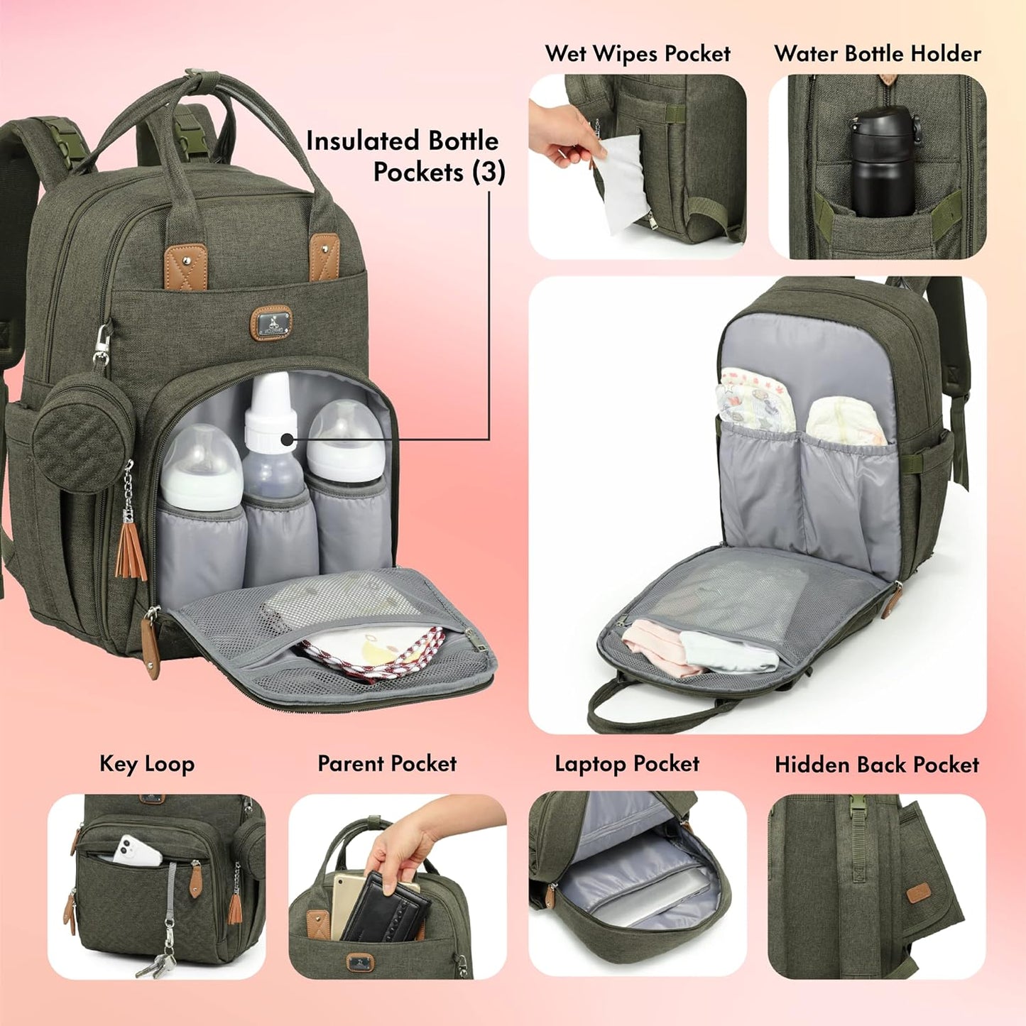 Stylish Army Green Diaper Bag Backpack with Portable Changing Pad, Pacifier Case & Stroller Straps - Perfect for Moms & Dads!