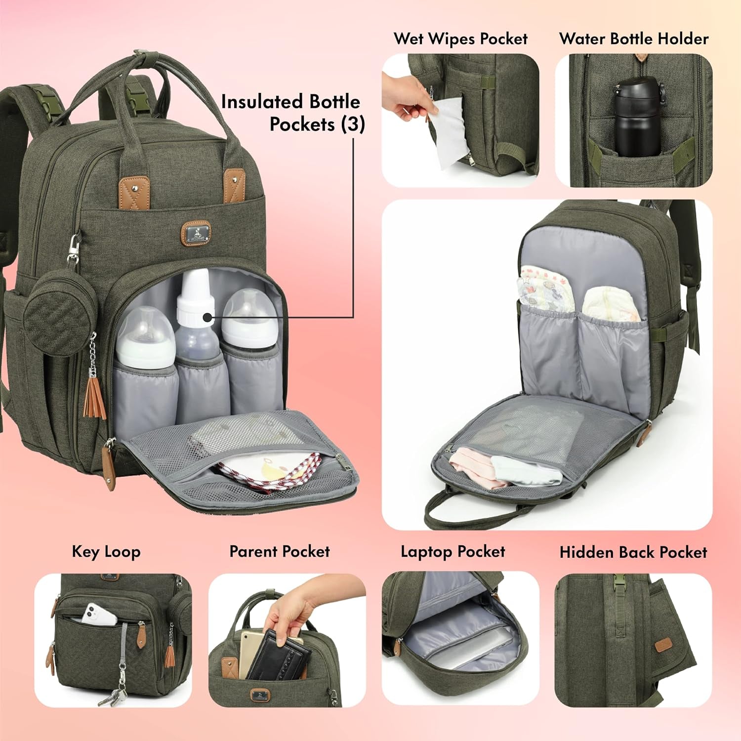 Stylish Army Green Diaper Bag Backpack with Portable Changing Pad, Pacifier Case & Stroller Straps - Perfect for Moms & Dads!