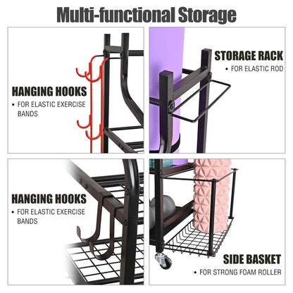 Yoga Mat and Workout Equipment Storage Rack with Hooks and Wheels for Home Gym Organization