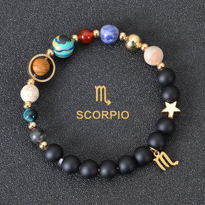 Carry the energy of the cosmos wherever you go. This Eight Planets Twelve Constellations Frosted Stone Beaded Bracelet blends.
