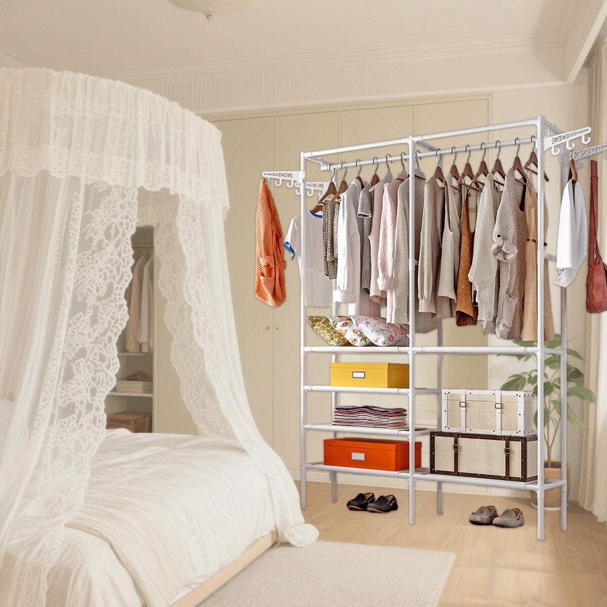 Heavy duty clothes rack with double rods, 4-tier shelves, and rotatable design. Perfect for organizing, storing, and displaying clothes in style.