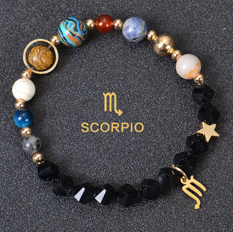 Carry the energy of the cosmos wherever you go. This Eight Planets Twelve Constellations Frosted Stone Beaded Bracelet blends.