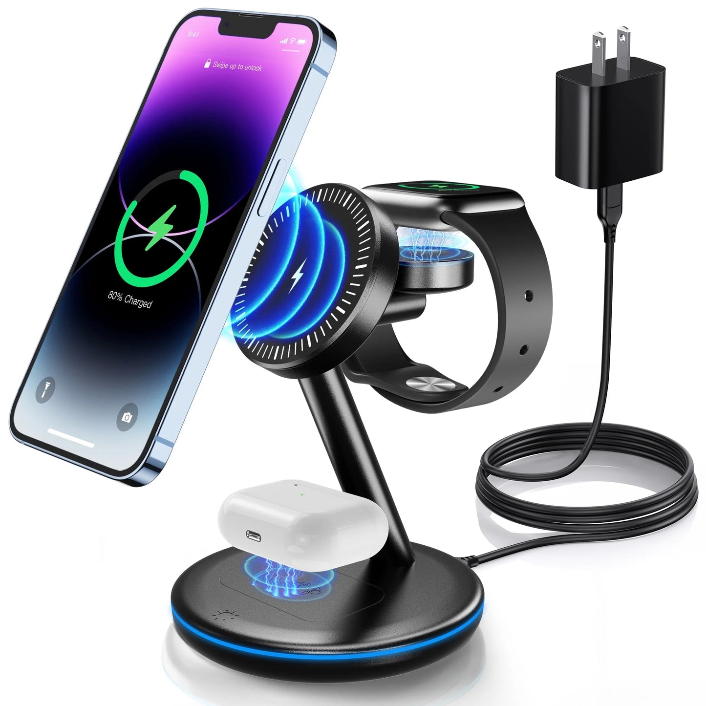 18W MagSafe Wireless Charger Docking Station for iPhone 15/14/13/12, AirPods & Apple Watch Ultra/8/7/SE/6/5/4/3/2 - Sleek Black Design