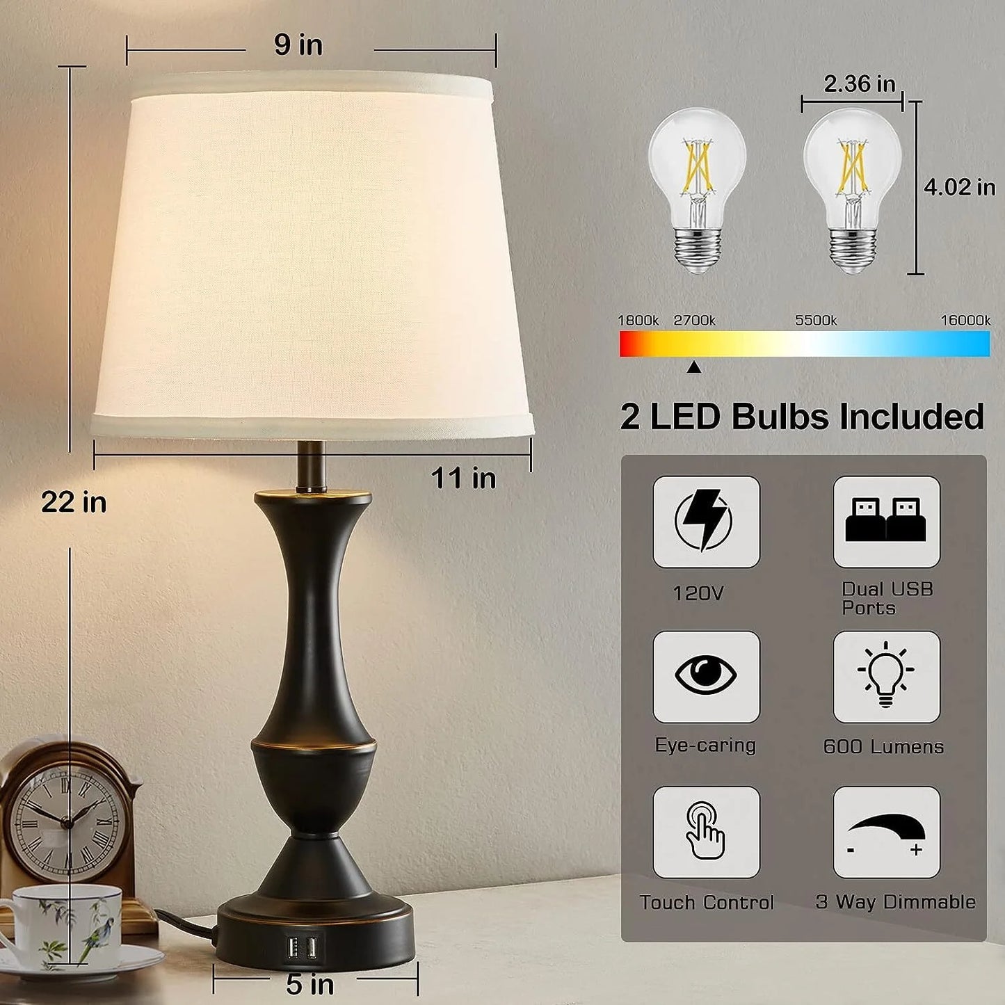Elegant Set of 2 3-Way Dimmable Linen Fabric Lamps for Living Room & Bedroom Nightstands