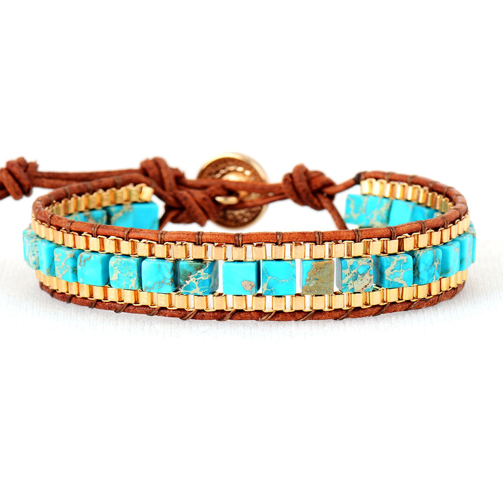 Fashion Imperial Stone Hand-Woven Leather Bracelet blends rich leather, striking imperial stone, and artisan weaving for a timeless boho statement.