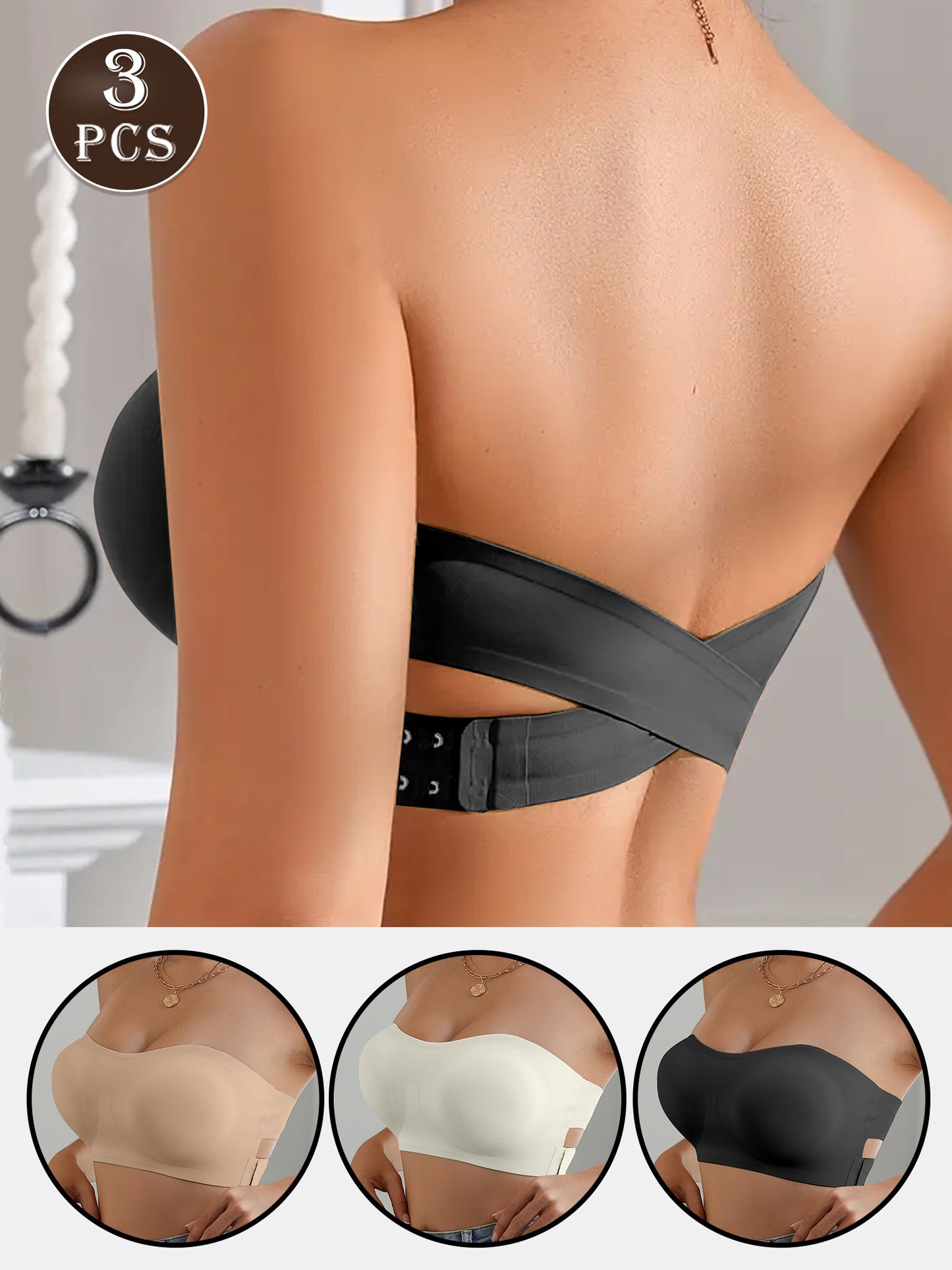 3PCS Strapless Bras For Women - Non-Slip Wireless Seamless Bras Push Up & Side Fat Control For Everyday.