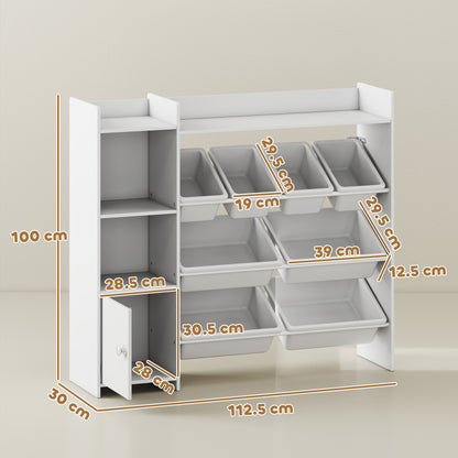 Storage unit with 8 removable bins—perfect for organizing kids’ rooms and playrooms.