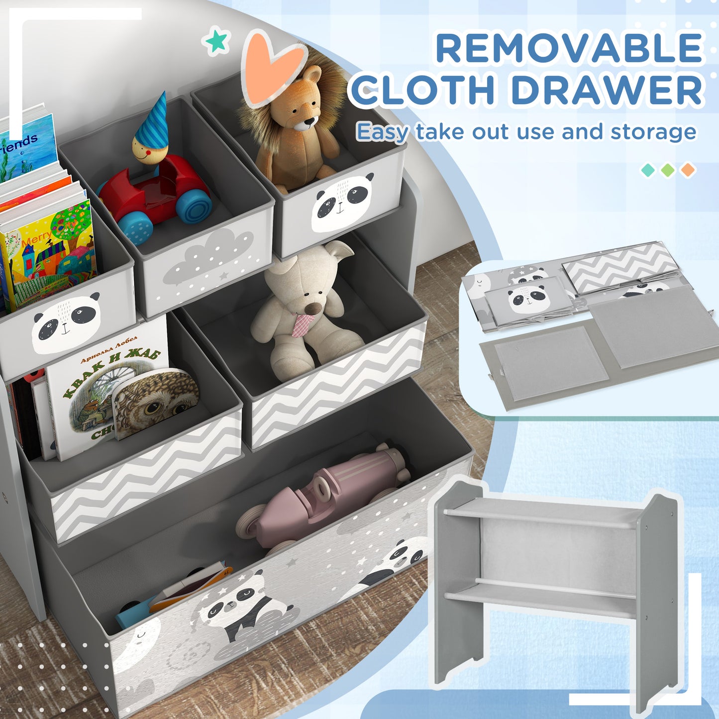 Kids Toy Organizer with 6 Storage Bins, 25" x 12" x 26", Gray