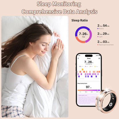 New Smart Ring For Women, Health & Fitness Tracker With Heart Rate, Blood Oxygen, Sleep Monitoring, Elegant Rose Gold With Crystal Accents, Waterproof