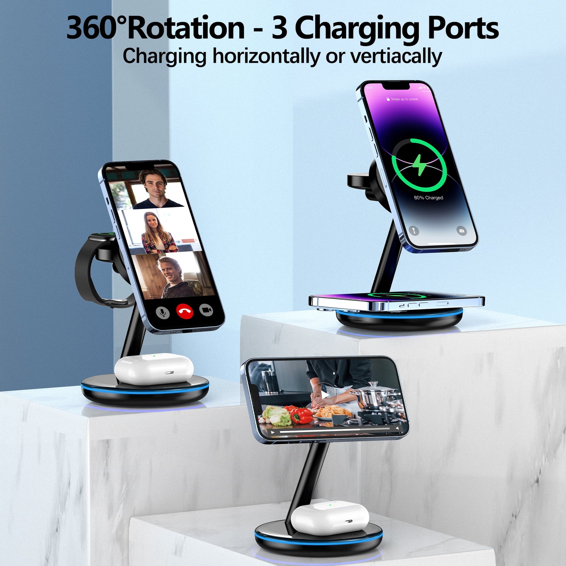 18W MagSafe Wireless Charger Docking Station for iPhone 15/14/13/12, AirPods & Apple Watch Ultra/8/7/SE/6/5/4/3/2 - Sleek Black Design