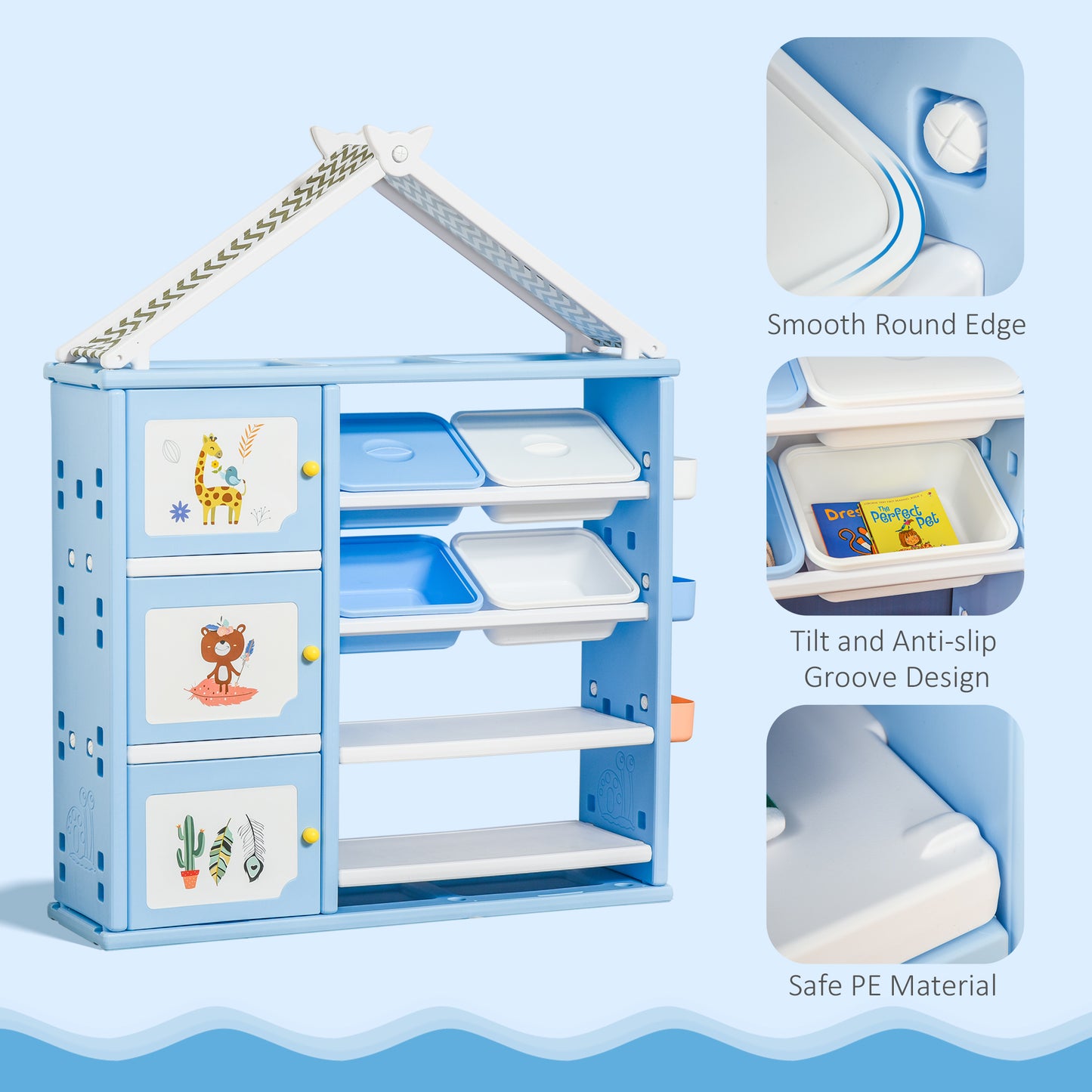 Toy storage unit with 4 removable bins—perfect for organizing kids’ rooms and playrooms.