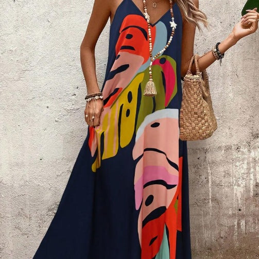 Women's Fashionable Colorful Leaf Printed Strappy Dress Maxi Women Outfit