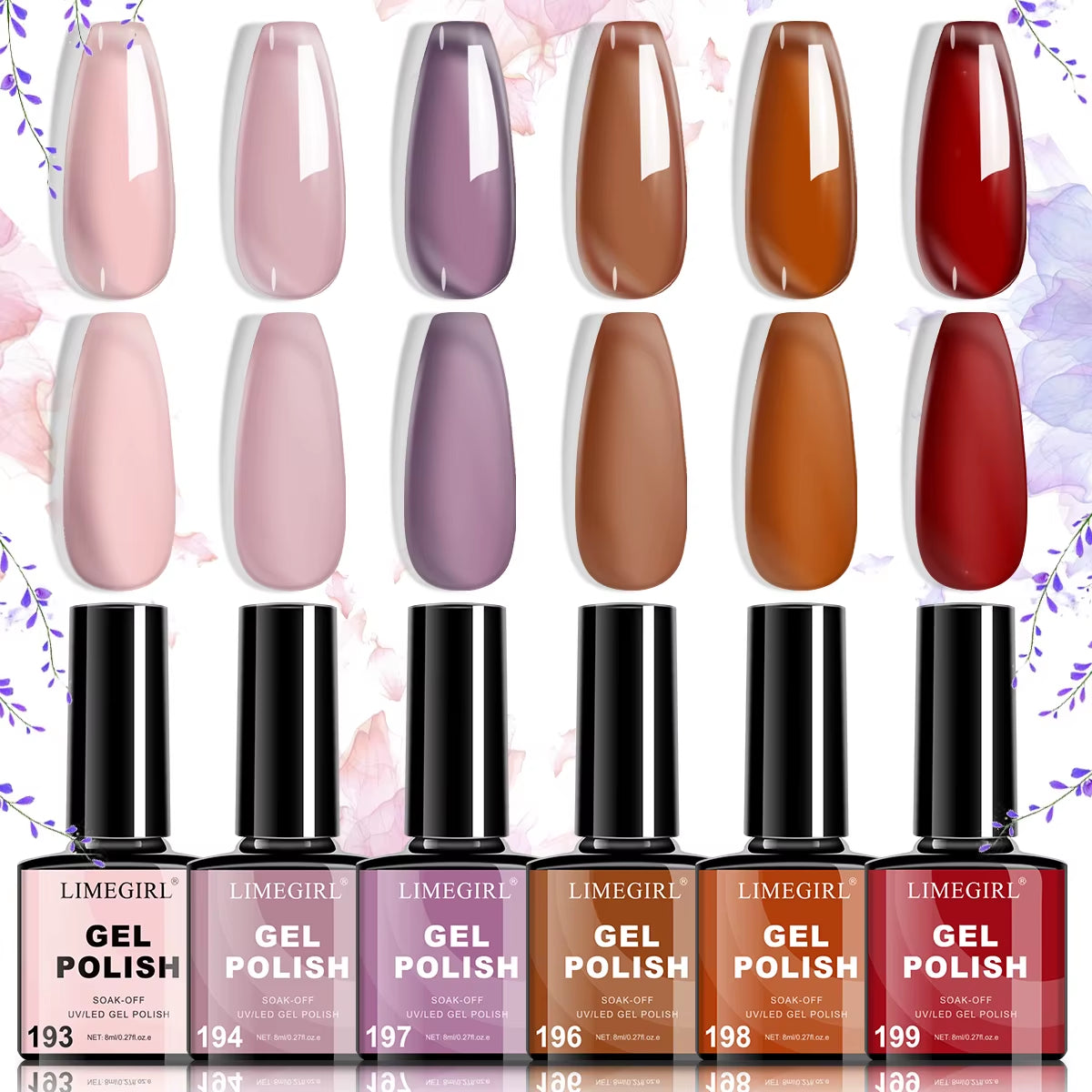 LIMEGIRL Nail Gel Polish Set, Manicure High Gloss Semi Permanent Soak-Off Enamels Kit, Colorful Nail Gel for Nail Art Salon