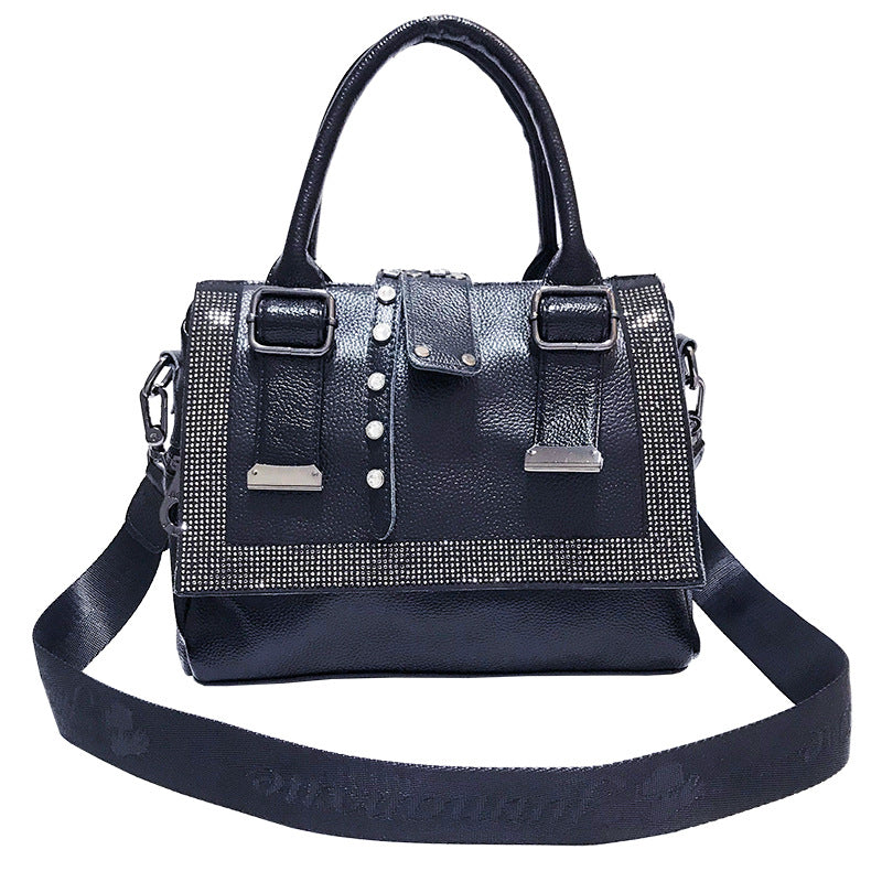 Soft Leather Handbag – Large-Capacity Cowhide Rhinestone Fashion Bag
