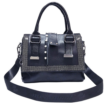 Soft Leather Handbag – Large-Capacity Cowhide Rhinestone Fashion Bag