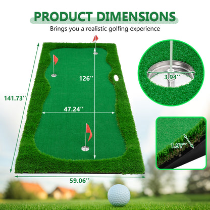 12x5 FT Golf Putting Green, Golf Training Mat With High-quality Turf, 3 Holes, 3 Flags And Cups For Indoor Outdoor