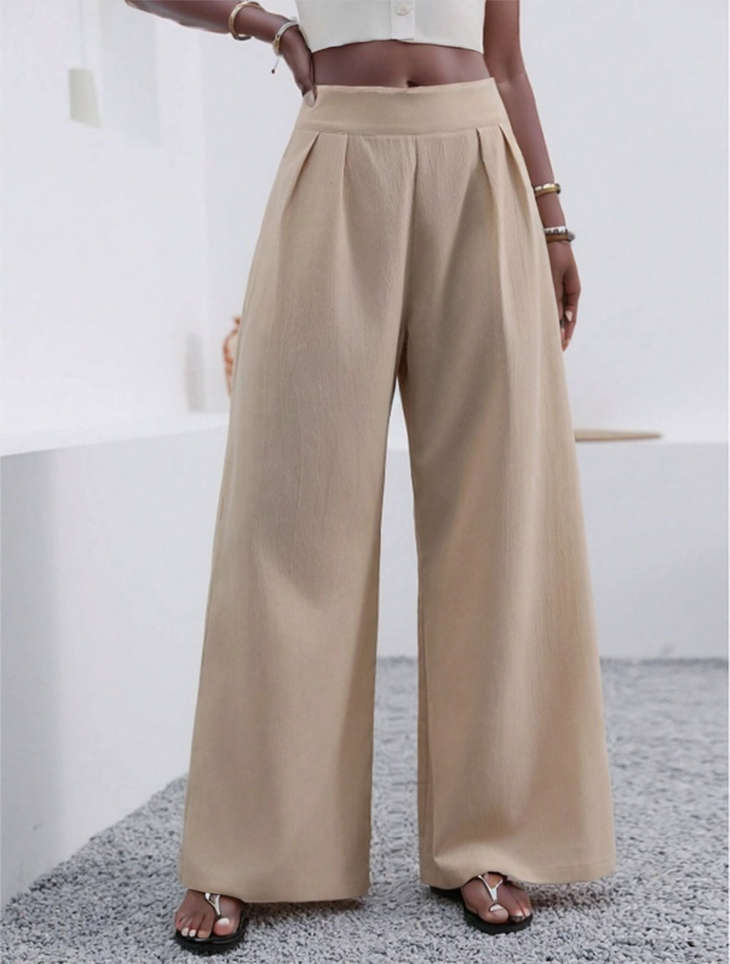 Solid Color Loose Wide Leg Elegant Pants With Pocket
