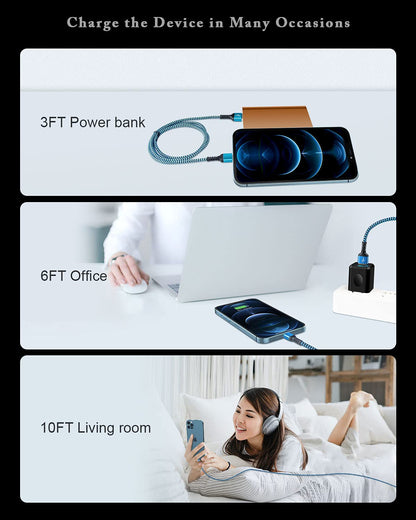 Experience Rapid Charging with Our 10FT Apple MFI Certified Lightning Cable - Durable Braided USB Wire for iPhone 14, 13, 12, 11 Pro Max and More - 2 Pack