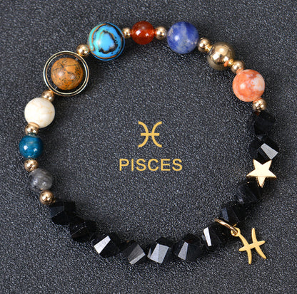 Carry the energy of the cosmos wherever you go. This Eight Planets Twelve Constellations Frosted Stone Beaded Bracelet blends.