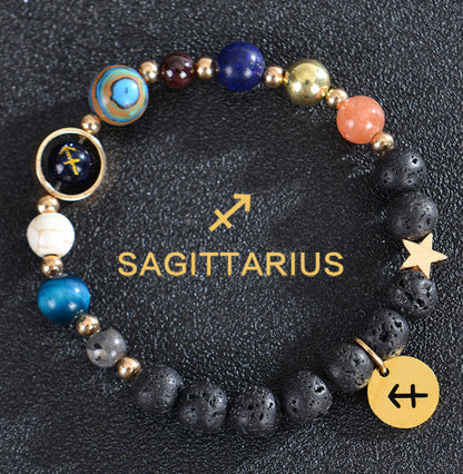 Carry the energy of the cosmos wherever you go. This Eight Planets Twelve Constellations Frosted Stone Beaded Bracelet blends.