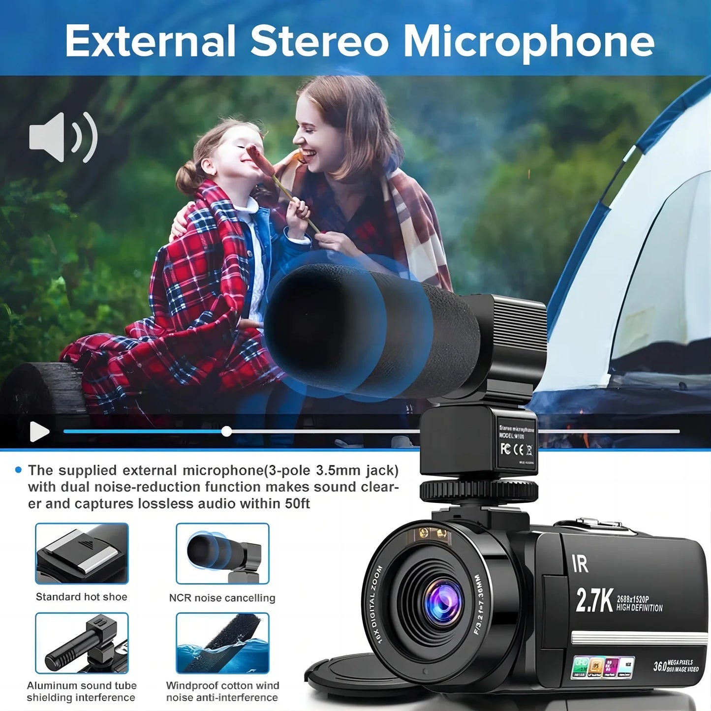 2.7K Video Camera Camcorder for YouTube Vlogging - Digital Camera with IPS Display, 36MP Resolution, and 16X Digital Zoom