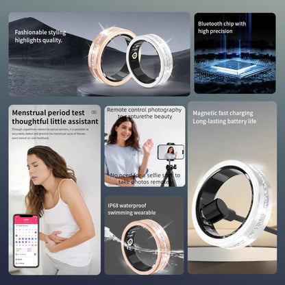 New Smart Ring For Women, Health & Fitness Tracker With Heart Rate, Blood Oxygen, Sleep Monitoring, Elegant Rose Gold With Crystal Accents, Waterproof