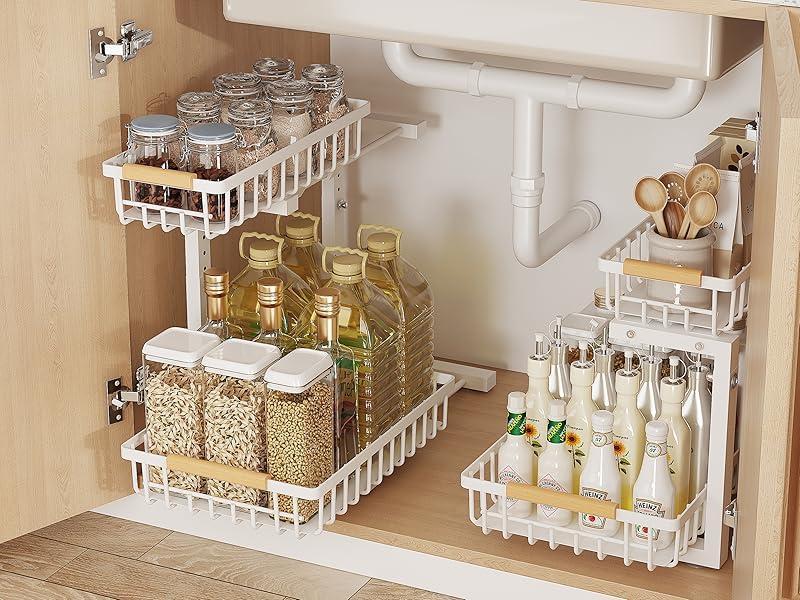 Metal Adjustable Height Two-Tier Drawer Kitchen & Bathroom Under Cabinet Storage Racks