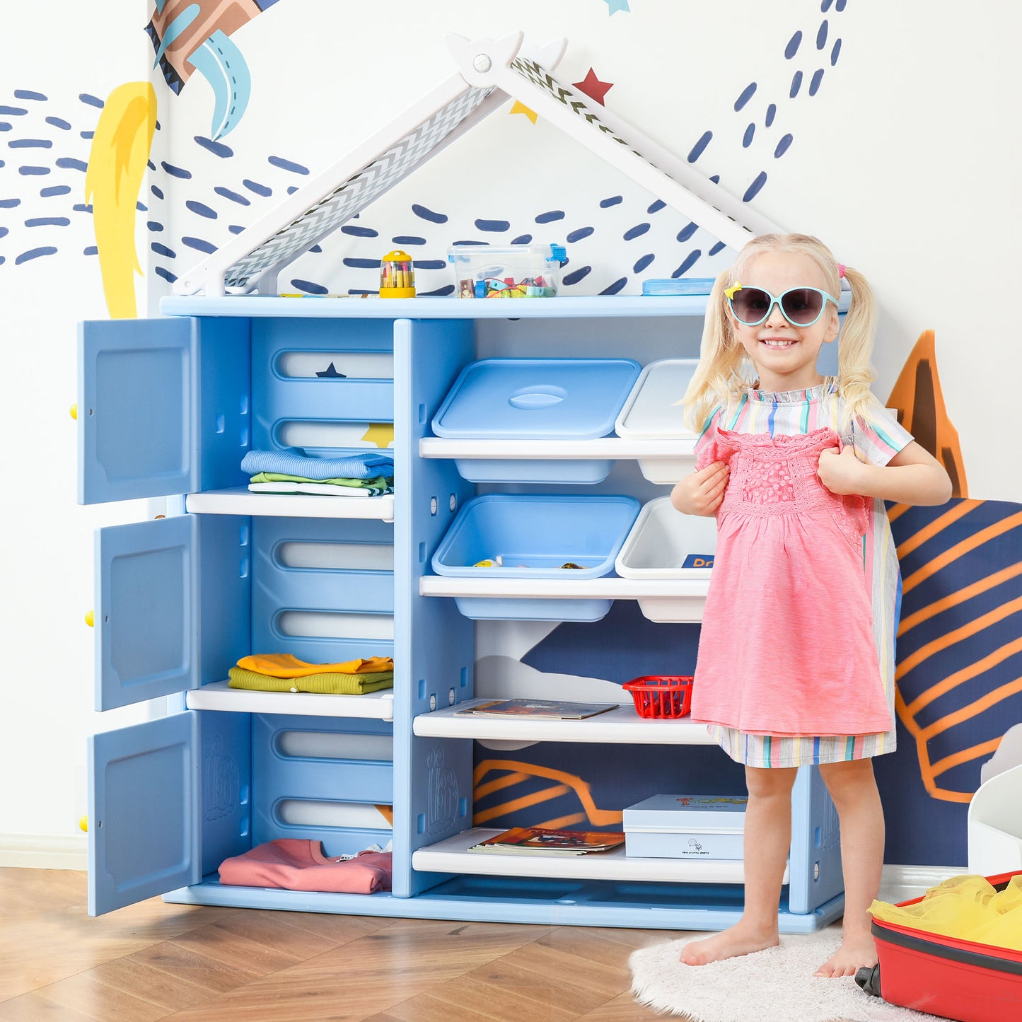 Toy storage unit with 4 removable bins—perfect for organizing kids’ rooms and playrooms.