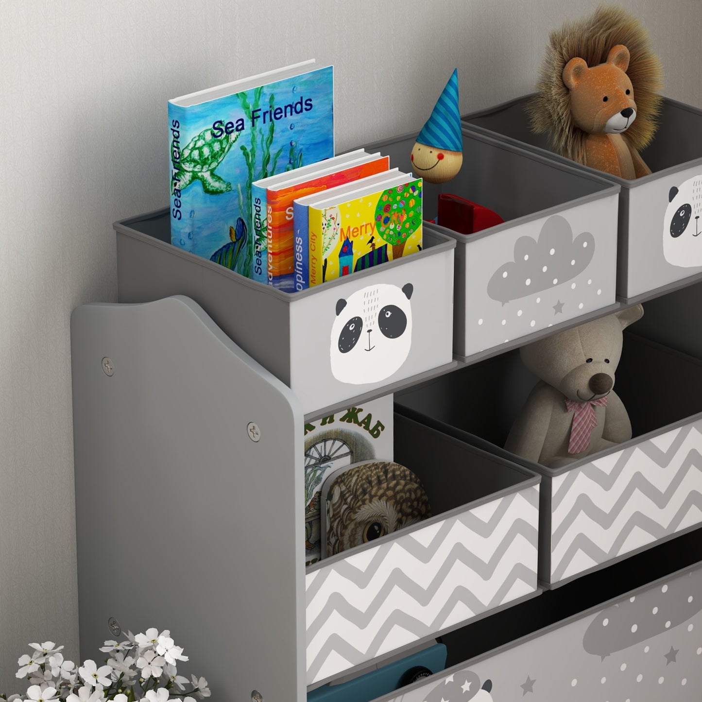 Kids Toy Organizer with 6 Storage Bins, 25" x 12" x 26", Gray